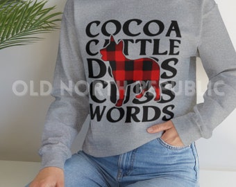Cocoa Cattle Dogs Cuss Words Buffalo Plaid Australian Cattle Dog ACD Full Tail Red/Blue Heeler Unisex Heavy Blend Crewneck Sweatshirt