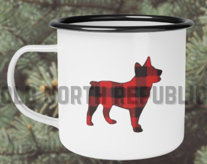 Australian Cattle Dog ACD With Stumpy Tail Heeler Red Buffalo Plaid Christmas Enamel Camp Cup - 2023 Howliday Collection