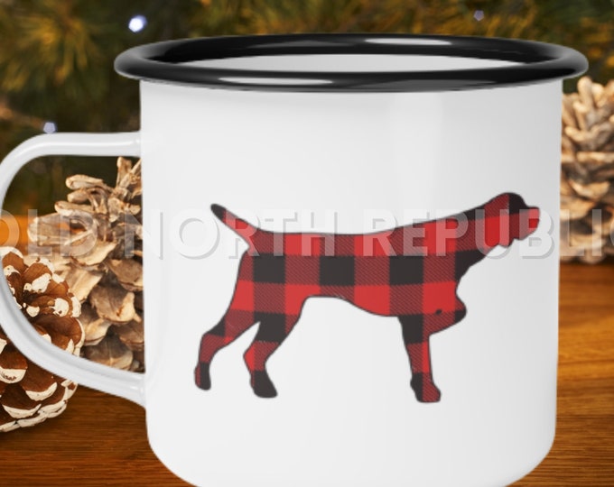 Red Buffalo Plaid GSP German Shorthair Pointer Silhouette Christmas Enamel Camp Cup - 2023 Howliday Collection