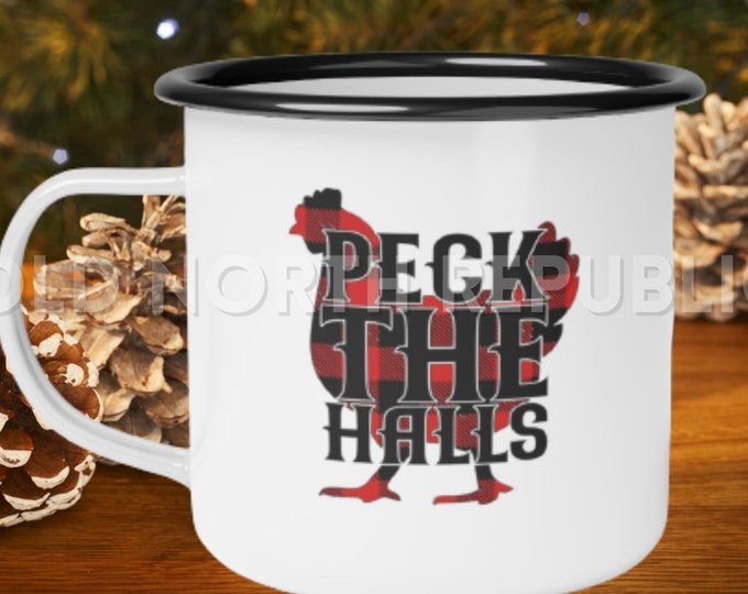 Peck the Halls Buffalo Plaid Chicken Hen Holiday Christmas Enamel Camp Cup