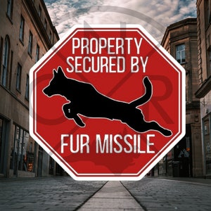 Adhesivo troquelado de seguridad para perro pastor belga malinois, propiedad protegida por Fur Missile, regalo para amantes de los perros, calcomanía de seguridad para el hogar