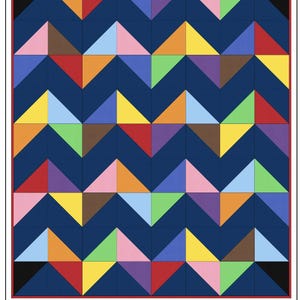 May include: A quilt pattern titled HBL Designs By Leah Fisher Pride Beginner Throw 64" x 72". The design features a repeating chevron pattern with dark blue triangles alternating with multicolored triangles in red, orange, yellow, green, blue, purple, pink, and brown. Text includes DO NOT COPY.
