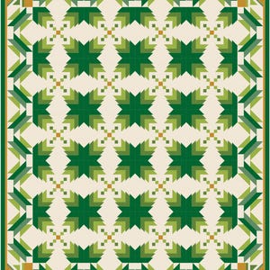 Könnte beinhalten: Ein Quiltmuster mit einem sich wiederholenden Muster aus grünen Sternen auf cremefarbenem Hintergrund. Die Sterne bestehen aus kleineren grünen Dreiecken und Quadraten. Der Rand des Quilts ist ein grünes und goldenes geometrisches Muster.