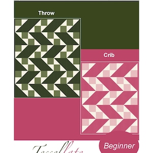 Puede incluir: Un diseño gráfico con el texto "HBL Designs" y "Tessellate". La imagen muestra dos patrones de edredón, uno en verde y crema, el otro en rosa y crema. El tamaño del lanzamiento es de 152 cm x 183 cm y la cuna es de 102 cm x 127 cm.