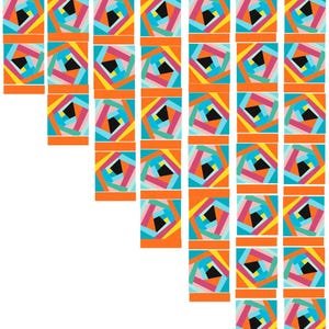 May include: A repeating pattern of colourful abstract designs. Each design is a rectangle with an orange border and a central geometric shape composed of black, pink, yellow, blue, and orange elements. The background is white.