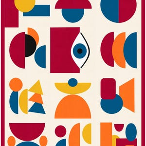 May include: Abstract geometric art print featuring a cream background with a red border. The artwork showcases various shapes in red, blue, orange, and yellow, including circles, rectangles, and semi-circles. A striking eye shape is also present, adding a unique element to the design.