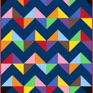May include: A geometric pattern of colorful triangles on a dark blue background. The triangles are arranged in a chevron pattern, creating a visually appealing and modern design.