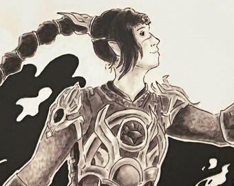 May include: Black and white illustration featuring a figure with a long braid and ornate armor, holding a green, glowing object. The text "I'll be your savior" is written in white cursive on a black background.