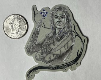 May include: A sticker featuring a detailed illustration of a woman holding a small blue and white flower. The sticker has the text "There's always hope" and is next to a U.S. quarter.