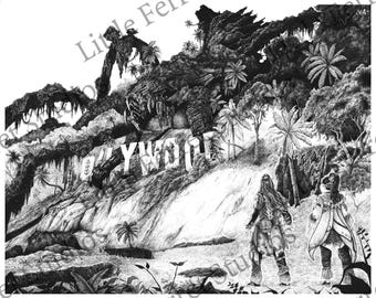 May include: Black and white illustration of the Hollywood sign on a hillside, surrounded by lush vegetation. Two figures stand in the foreground, facing the sign. The artwork has a detailed, hand-drawn style.