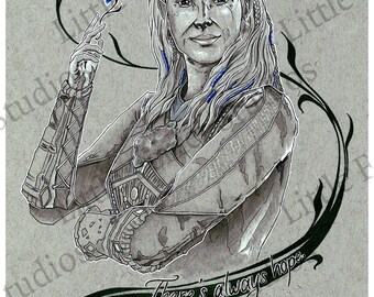 May include: A grayscale illustration of a woman holding a blue and white flower. The woman has long, wavy hair with blue accents and is wearing detailed armor. The text "There's always hope" is written in cursive below the woman.