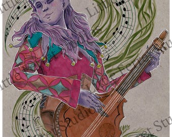 May include: Illustration of a purple-skinned figure with horns and pointed ears playing a stringed instrument. The figure wears a red and patterned outfit with a teal collar. Musical notes and the text "Smile and pain will fade away" are also present.