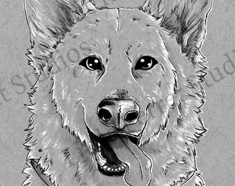 May include: Black and white illustration of a dog's face, with a collar and tag. The dog has a happy expression, with its tongue hanging out. The artwork is detailed, with visible fur texture and shading, set against a gray background.
