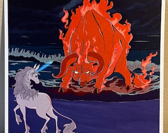 May include: A white unicorn with a blue horn stands facing a red bull engulfed in flames. The bull has horns and is charging towards the unicorn. The background is a dark blue with a wavy pattern.