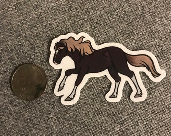 May include: A brown and white horse sticker with a brown mane and tail. The horse is running and has a white stripe on its face.