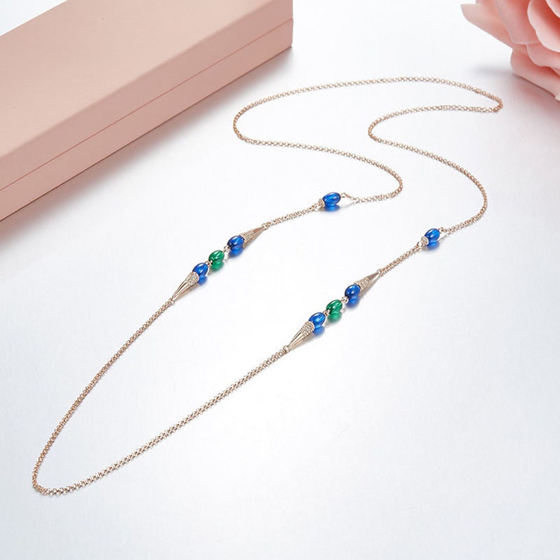 Women Jewelry cubic zircon 925 Sterling Silver Blue Stone CZ candy long chain necklace Jewelry for her Green gems handmade necklace