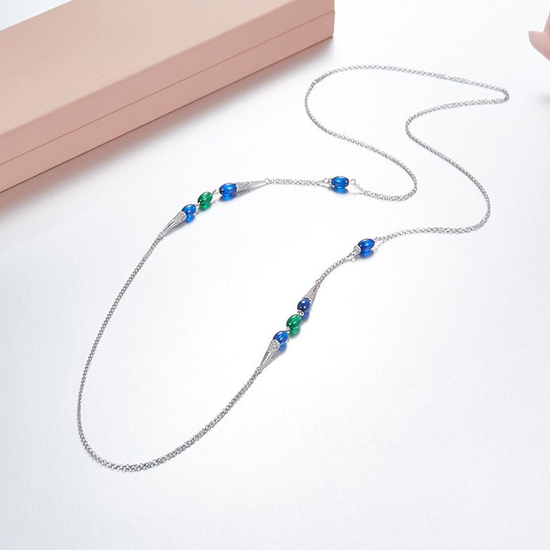Women Jewelry cubic zircon 925 Sterling Silver Blue Stone CZ candy long chain necklace Jewelry for her Green gems handmade necklace