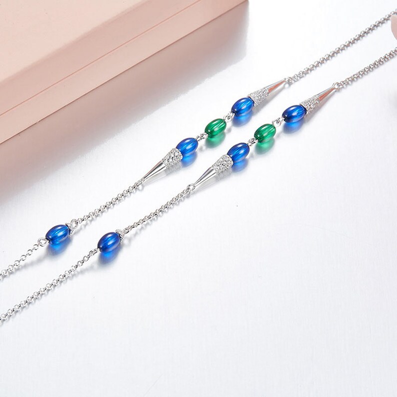 Women Jewelry cubic zircon 925 Sterling Silver Blue Stone CZ candy long chain necklace Jewelry for her Green gems handmade necklace