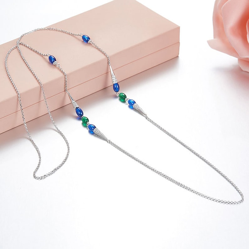 Women Jewelry cubic zircon 925 Sterling Silver Blue Stone CZ candy long chain necklace Jewelry for her Green gems handmade necklace