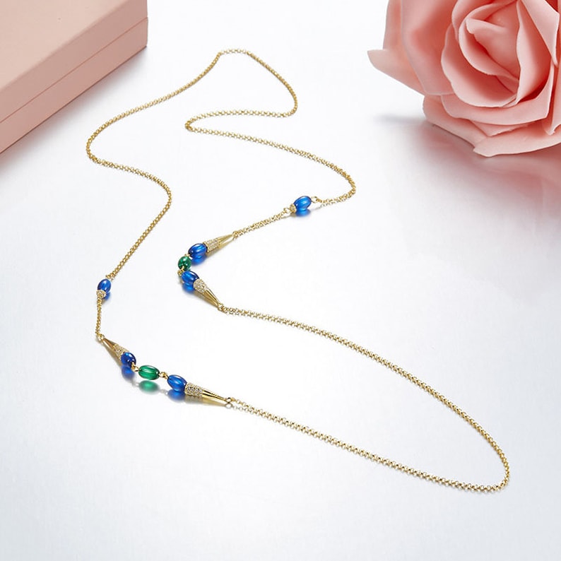 Women Jewelry cubic zircon 925 Sterling Silver Blue Stone CZ candy long chain necklace Jewelry for her Green gems handmade necklace