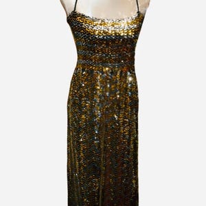Vintage Bernshaw 1970s Gold Sequin Evening Dress, maxi dress Size 14