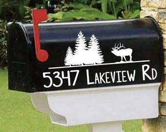 Beautiful Pine Trees, Elk decal, Personalized set of 2 matching mailbox decals!  For the outdoor lover MAI-00074