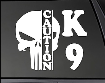 CAUTION K-9 - Skull Decal-  Multiple SIZES and COLORS including Reflective Stickers!! K9-37