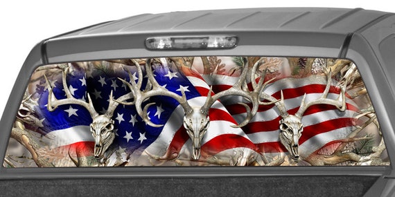 AMERICAN FLAG DEER PICK-UP TRUCK BACK WINDOW GRAPHIC DECAL PERFORATED VINYL TINT