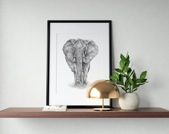 Realistic African elephant drawing, black and white home decor, limited edition, bedroom wall print, African safari art, wildlife wall art