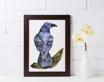 Raven art print, watercolour painting, crow giclee print, witchy art print, British wildlife wall art, bird of prey wall art