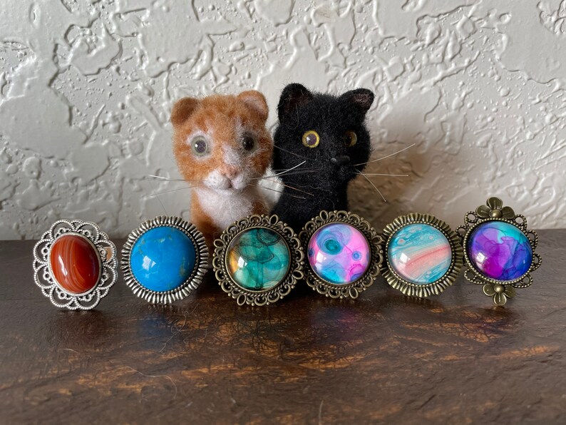 Hand Painted Alcohol Ink or Acrylic One-of-a-kind Art Semi-Precious Stone Jewelry in Brass Settings NEW ADJUSTABLE RINGS