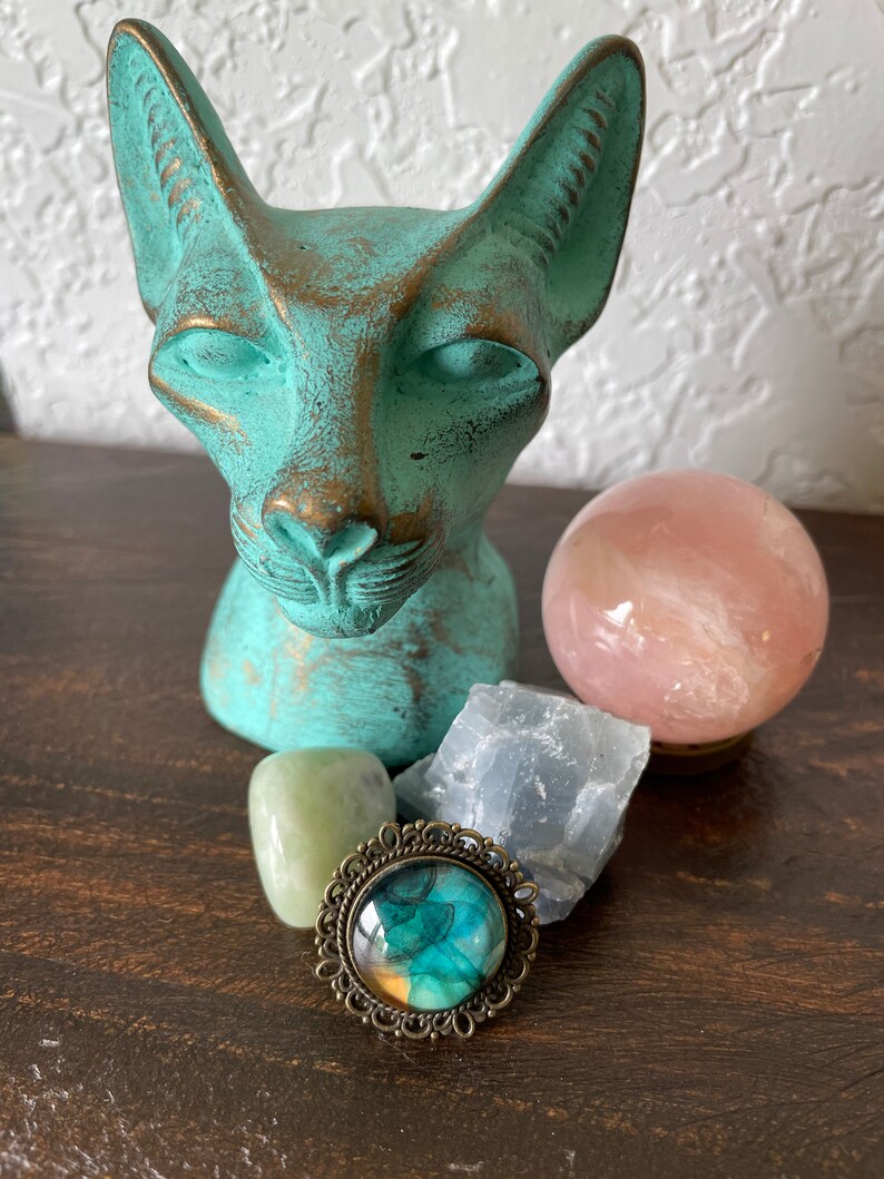 Hand Painted Alcohol Ink or Acrylic One-of-a-kind Art Semi-Precious Stone Jewelry in Brass Settings NEW ADJUSTABLE RINGS