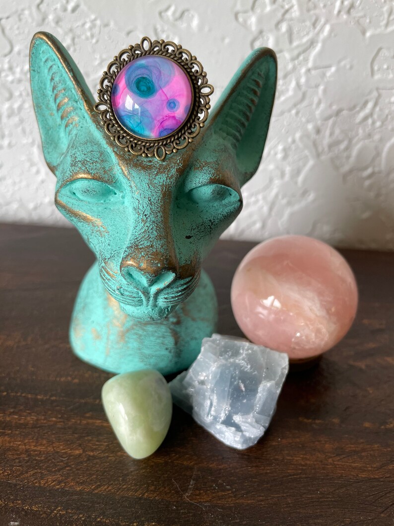Hand Painted Alcohol Ink or Acrylic One-of-a-kind Art Semi-Precious Stone Jewelry in Brass Settings NEW ADJUSTABLE RINGS