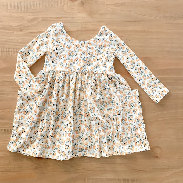 Floral Twirl Dress - Baby girl toddler knit oversized pocket twirl dress