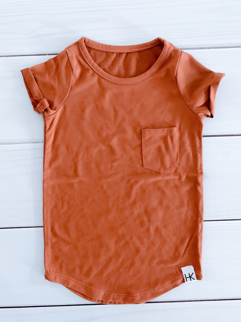 May include: A rust-colored short-sleeved t-shirt with a chest pocket. The shirt has a rounded hem and rolled-up sleeves. A small white tag with black text is visible on the lower right side of the shirt.