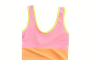 Womens Color block neon long line tankini bikini top swimwear (more colors available)