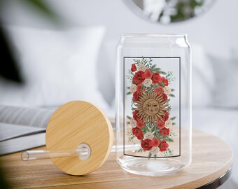 Sun and Moon Bamboo Glass Sipper Iced Coffee Cup, Spiritual Holistic Celestial Cup, Astrology Floral Tarot Card Zodiac Boho Galaxy Spiritual