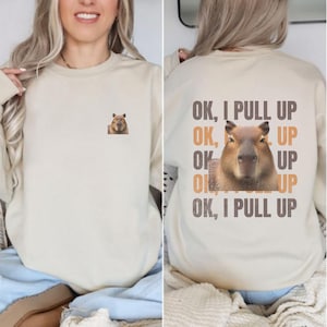 May include: A beige sweatshirt with a capybara graphic on the front and the text "OK, I PULL UP" repeated on the back.