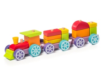 Big Wooden Rainbow Express Train by Cubika. Solid Wood Puzzle Kit.