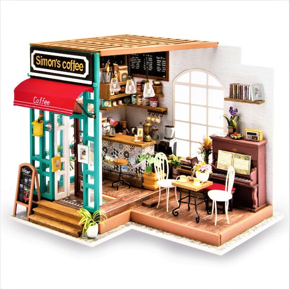 DIY Holzpuppenhaus mit Möbel LED Kits Coffee Shop Weihnachten Geburtstag 
