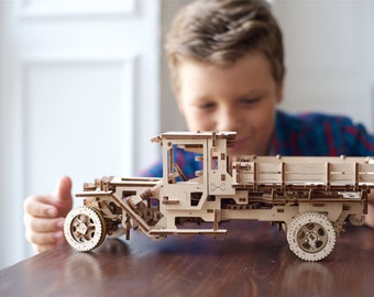 Build your Retro Truck moving model by UGears. Self-assembly kit.