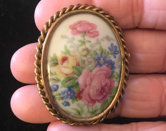 France Hand Signed Rose Bouquet Gold Gilt Lace Porcelain BROOCH Pin Vintage 19C Hand Painted Limoges REF 376
