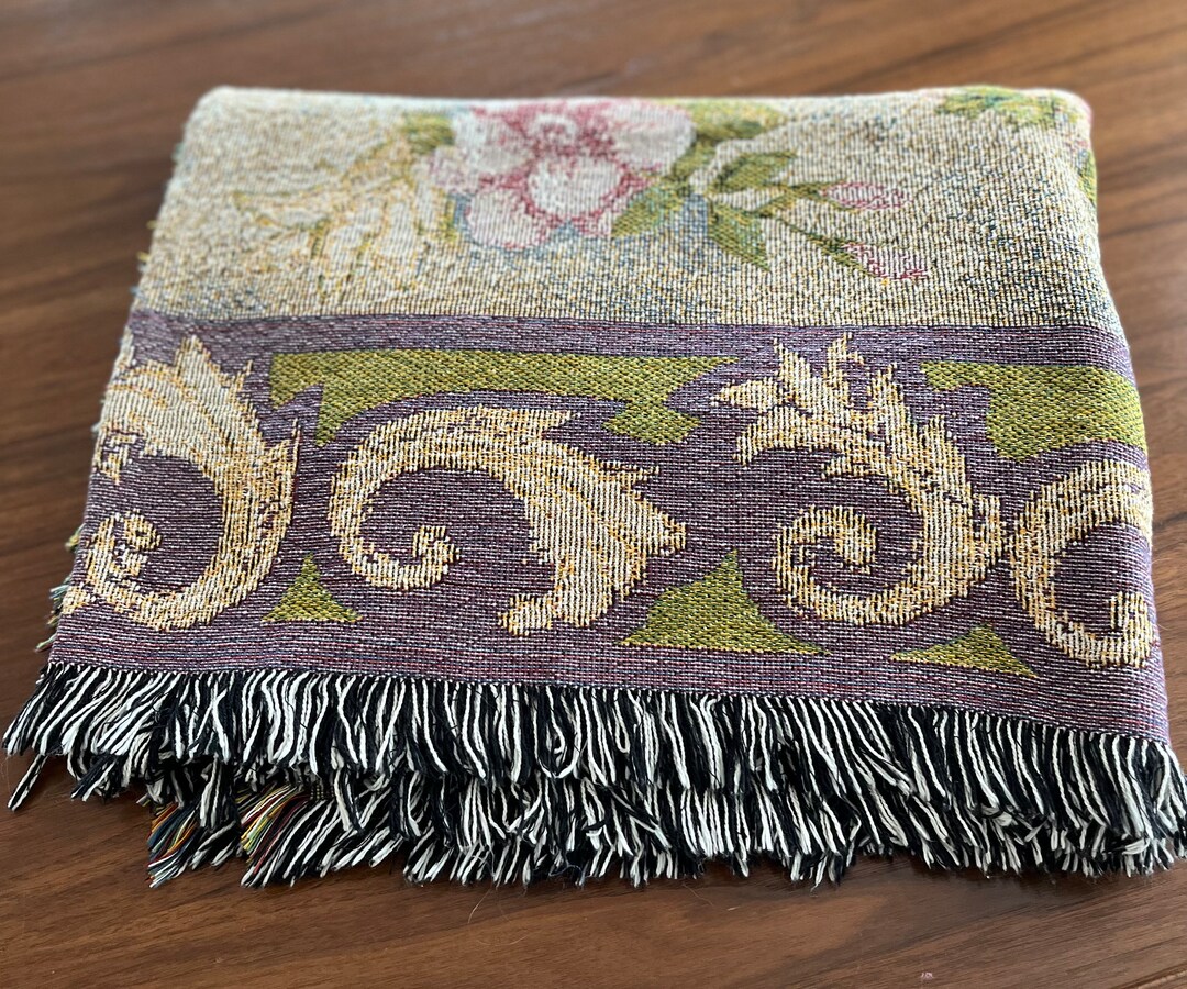 Vintage Woven Blanket in Green and Purple, Living Room Throw Blanket