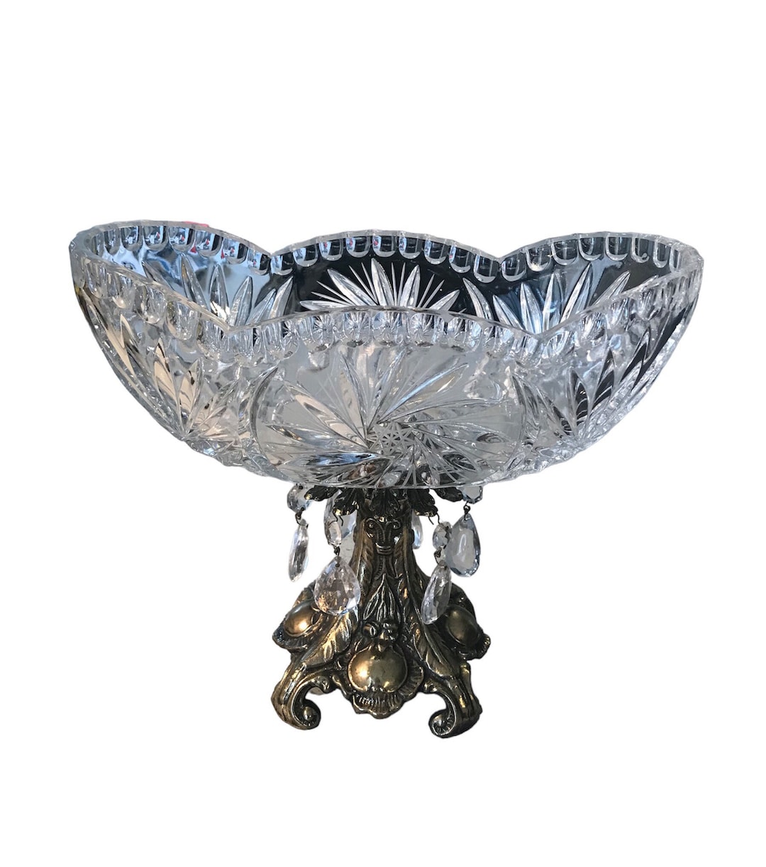 Vintage Crystal Bowl on Metal Pedestal With Hanging Crystals, Hollywood