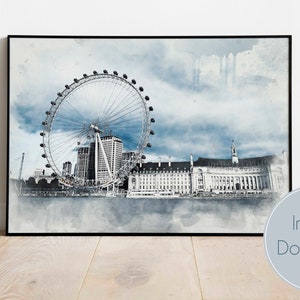 London Eye, London, Watercolour Print, Watercolour Effect, London Eye Wall Art, Instant Download, London Prints, London Gift, Home Decor