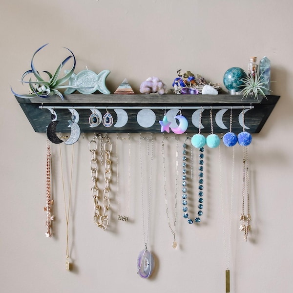 Witchy Jewelry Organizer Shelf Earring and Necklace Holder  - 24" With Moon Phases