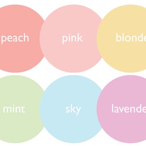 May include: Six pastel colored circles with the words peach, pink, blonde, mint, sky, and lavender.