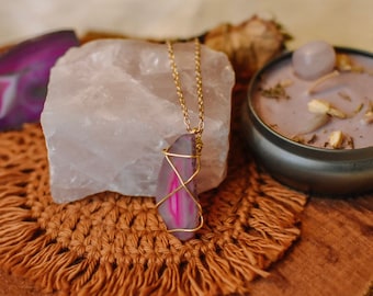 Pink Agate Wire Wrapped Necklace