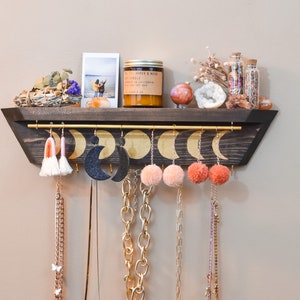 Wood Jewelry Organizer Necklace Holder Wall Mount Jewelry Holder Necklace  Hanger Wood Shelf Necklace Organizer Earring Organizer 