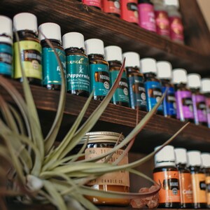 May include: A dark wooden shelf displays various essential oil bottles with white caps and colorful labels. A jar candle and air plant are in the foreground. The shelf is filled with aromatherapy products.